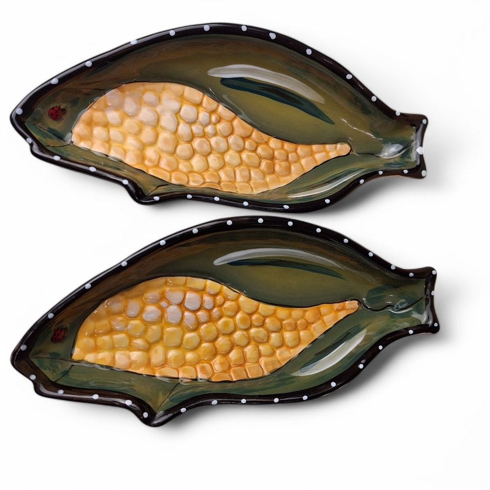 2 Blue Sky Corn Dishes Fish Shaped Heather Goldminc Clayworks 2011 10x4.25" New